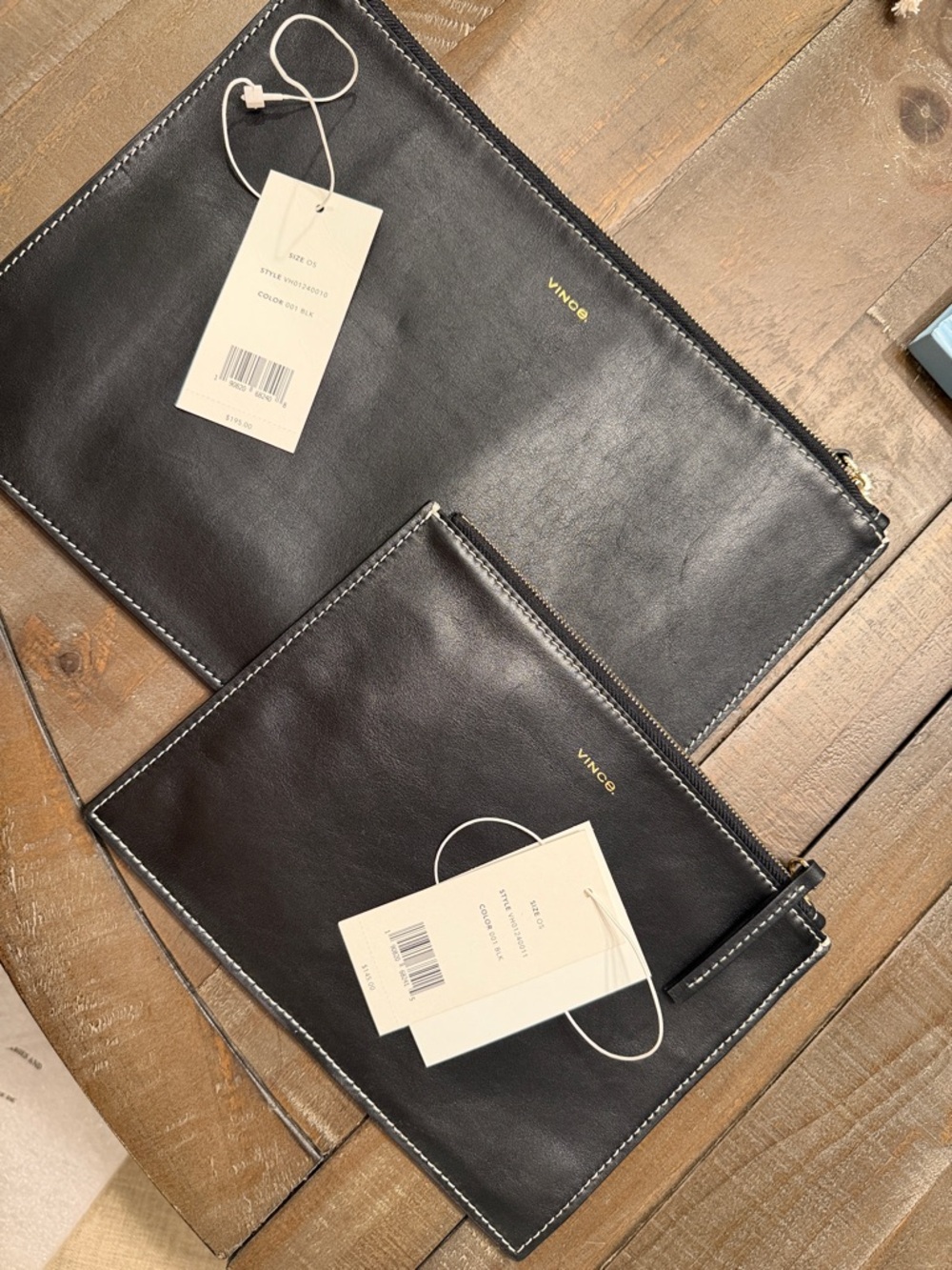 Vince Black Leather Zip Pouch Duo with Contrast Stitching
